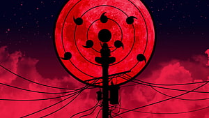 Silhouette of a utility pole against a massive red moon featuring the Sharingan eye pattern HD wallpaper