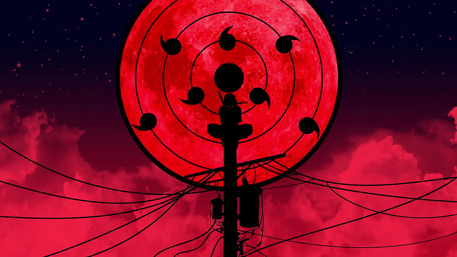 Silhouette of a utility pole against a massive red moon featuring the Sharingan eye pattern HD wallpaper
