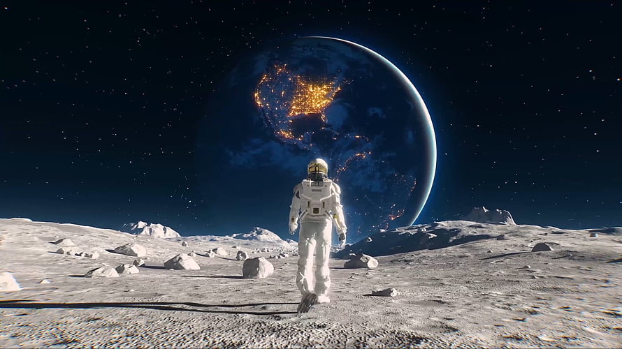 Astronaut Walking on the Moon Surface with Earth Rising in the Starry Night Sky HD wallpaper