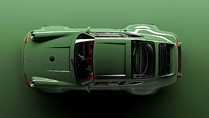 Porsche Singer 964 Top-Down View in Matte Green with Red Interior HD wallpaper