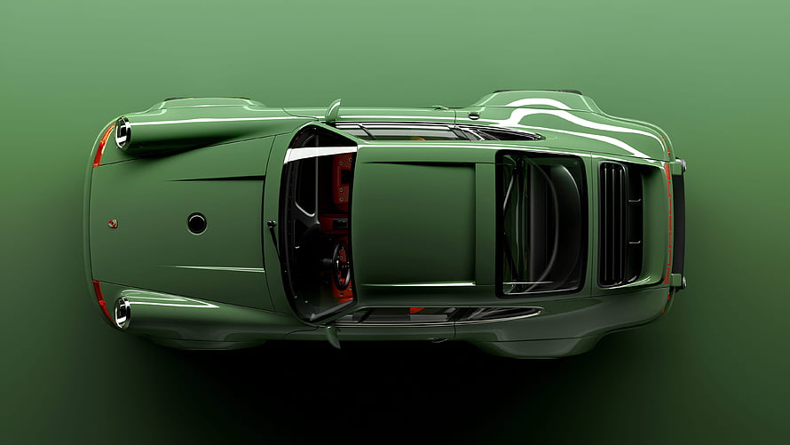 Porsche Singer 964 Top-Down View in Matte Green with Red Interior HD wallpaper