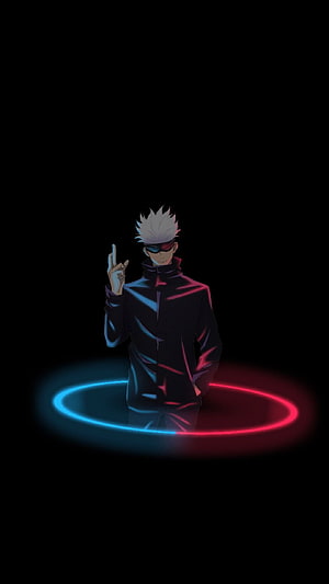 Gojo Satoru from Jujutsu Kaisen standing with glowing red and blue rings on black background HD phone wallpaper