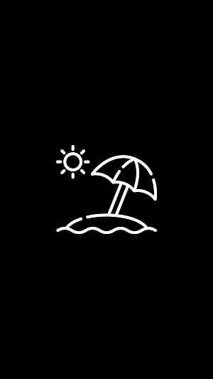 Minimalist White Beach Umbrella and Sun Icon on Black Background HD phone wallpaper
