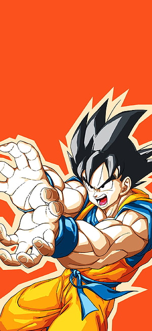 Goku in Dynamic Fighting Pose with Spiky Black Hair and Orange Gi on Vibrant Orange Background HD phone wallpaper