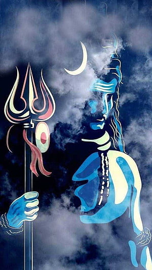 Blue Lord Shiva Holding Trishul With Crescent Moon And Smoke Background HD phone wallpaper
