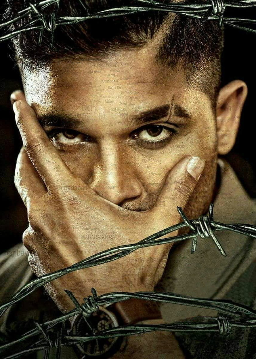 Allu Arjun Intense Portrait With Barbed Wire and Hand Over Mouth HD phone wallpaper