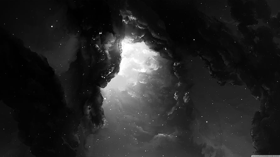 Monochrome Deep Space Nebula with Bright Core and Dark Dust Clouds HD wallpaper