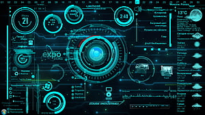 Stark Industries futuristic HUD interface with cyan digital dashboard and system metrics HD wallpaper