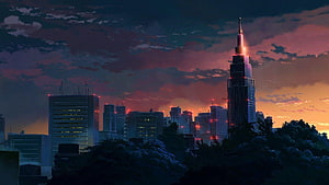 The Garden of Words Cityscape at Dusk with Dramatic Clouds and Illuminated Skyscrapers HD wallpaper