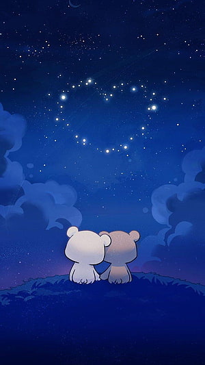 Cute cartoon bears sitting together watching a heart-shaped constellation in the night sky HD phone wallpaper