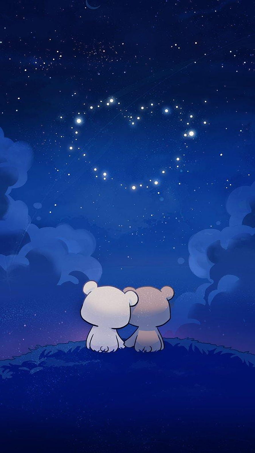 Cute cartoon bears sitting together watching a heart-shaped constellation in the night sky HD phone wallpaper