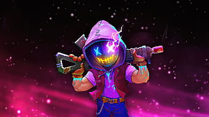 Neon Glitch Hoodie Character Holding Gun Against Cosmic Background HD wallpaper