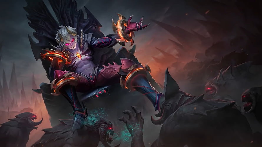 Dyrroth from Mobile Legends in Dark Fantasy Artwork with Demonic Wings and Glowing Armor HD wallpaper