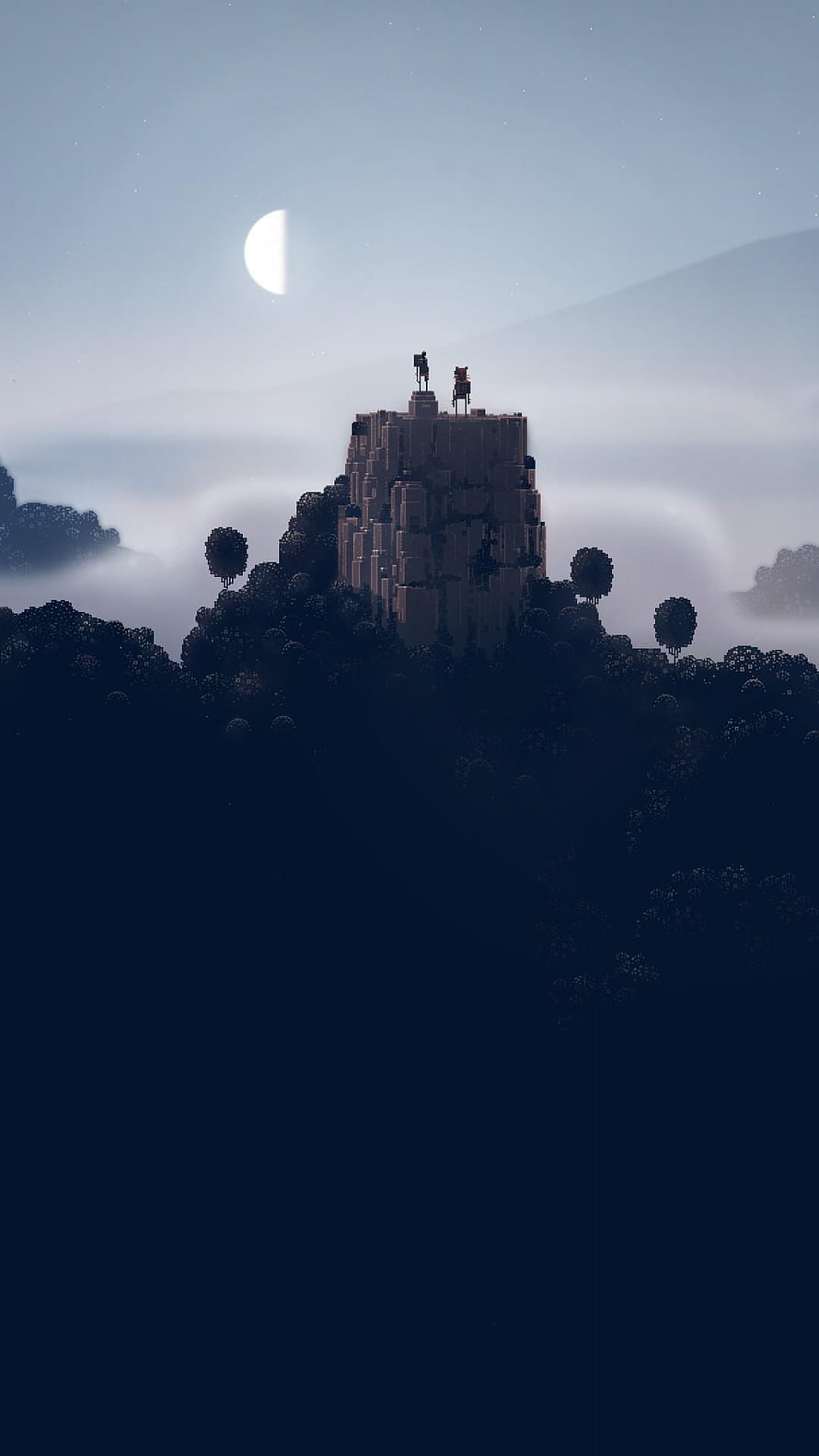 Mystical Blocky Castle on a Hilltop with Moonlit Sky and Misty Forest HD phone wallpaper