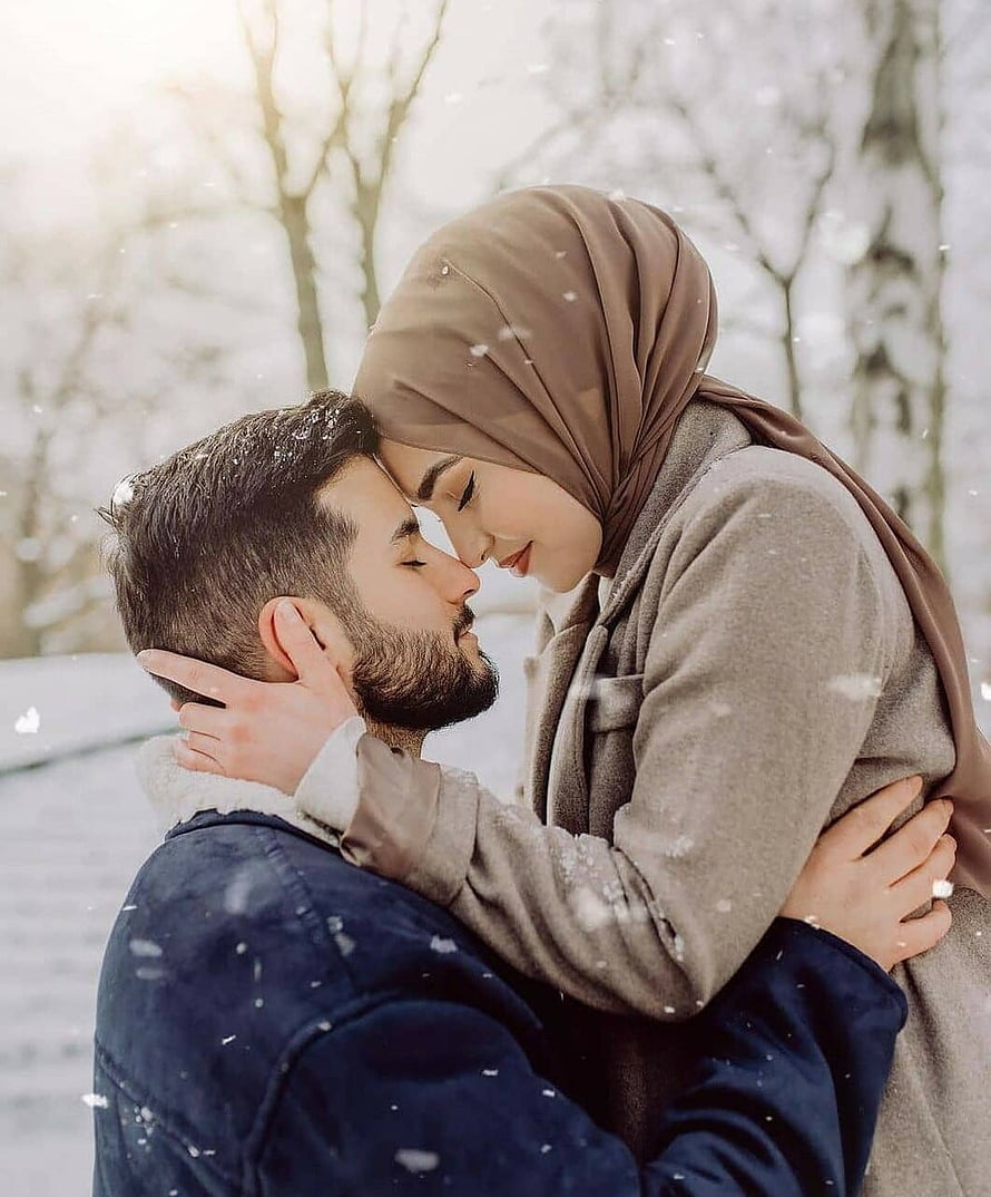 Romantic Muslim Couple Embracing in Snowy Winter Forest with Hijab, 100 Muslim Couple trending, hijab couple HD phone wallpaper