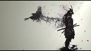 Silhouette of a Japanese Samurai Warrior Dissolving into a Flying Crow with Red Petals HD wallpaper