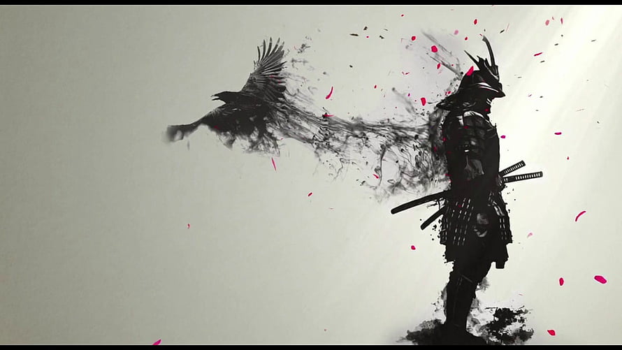 Silhouette of a Japanese Samurai Warrior Dissolving into a Flying Crow with Red Petals HD wallpaper