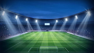 Illuminated Soccer Stadium at Night with Floodlights and Green Pitch HD wallpaper