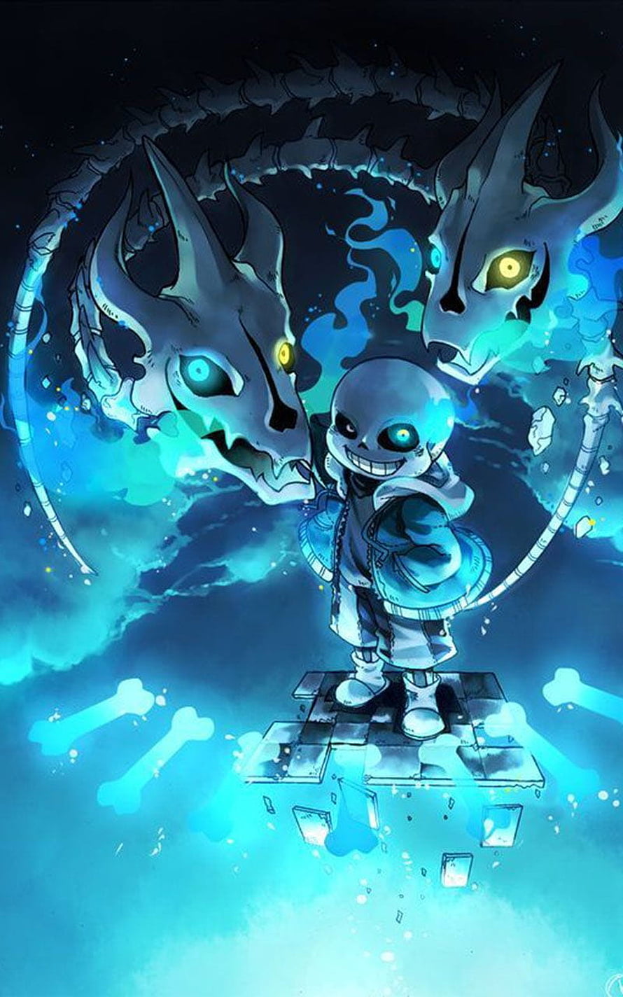 Undertale Sans AU with Dual Dragon Spirits and Glowing Blue Magic HD phone wallpaper