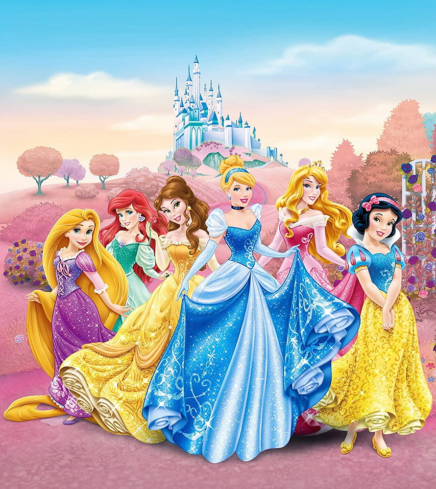 Disney Princesses Group Portrait with Cinderella, Belle, Rapunzel, Ariel, Aurora, and Snow White in Front of Castle HD phone wallpaper