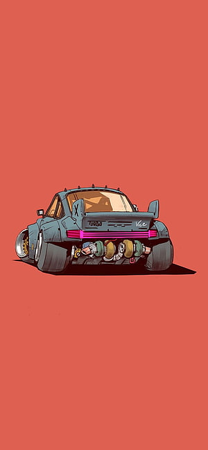 Stylized Rear View of a Custom Turbo Car with Neon Pink Taillights on a Coral Background HD phone wallpaper