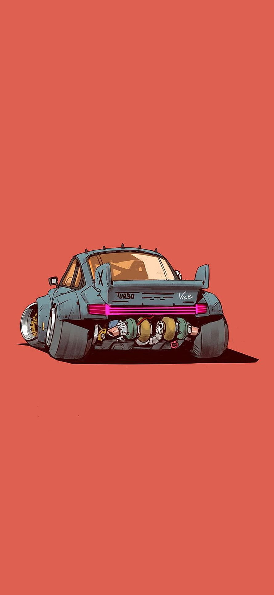 Stylized Rear View of a Custom Turbo Car with Neon Pink Taillights on a Coral Background HD phone wallpaper