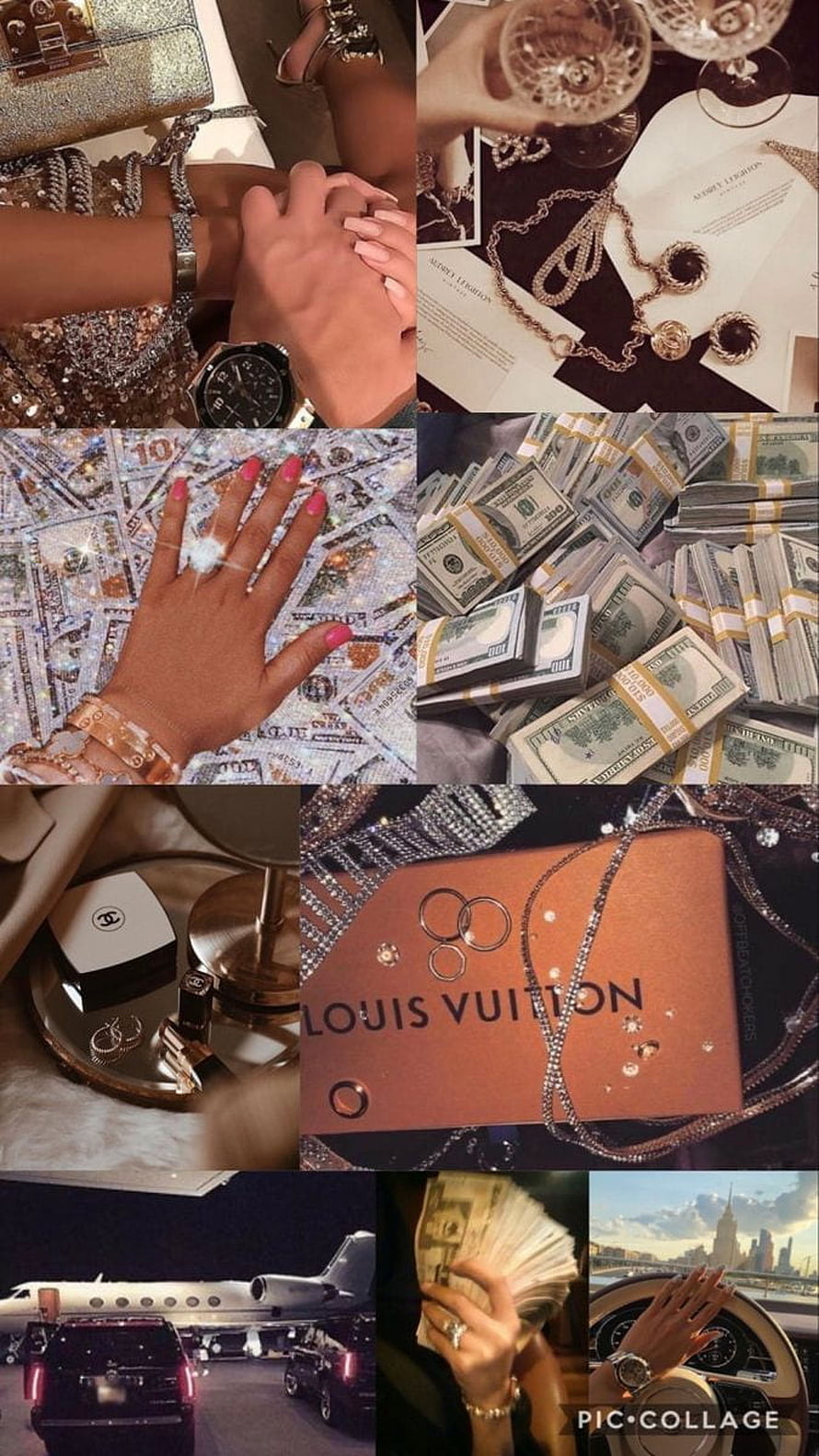 Luxury Lifestyle Collage Featuring Designer Jewelry, Cash, and Private Jets HD phone wallpaper