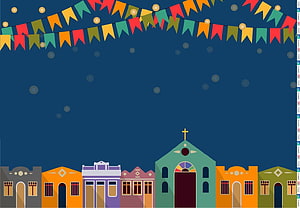 Festa Junina Night Scene with Colorful Bunting and Traditional Brazilian Townhouses HD wallpaper