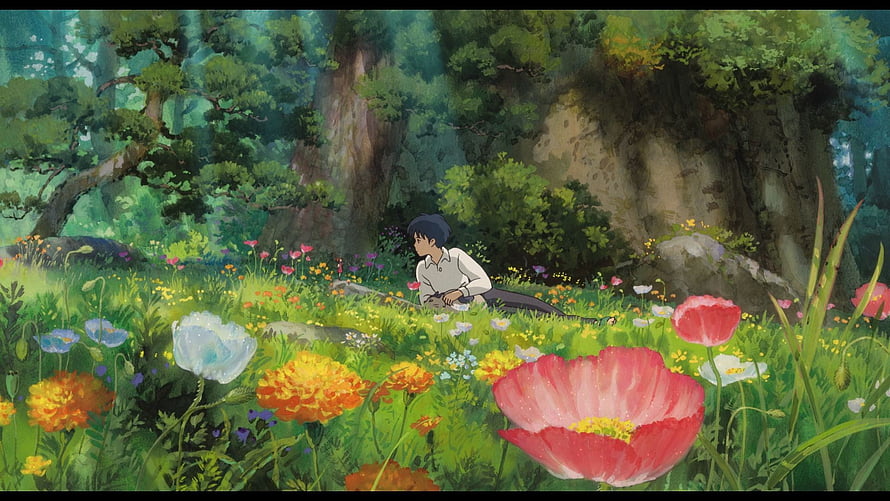 Anime Boy Resting in a Lush Forest Meadow with Colorful Wildflowers HD wallpaper