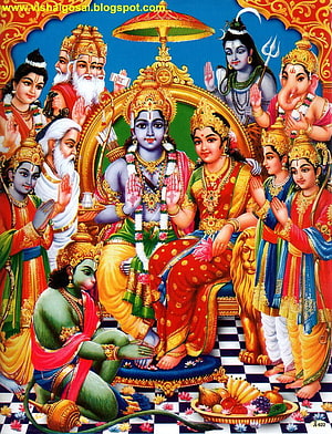 Vishnu and Lakshmi seated on a throne surrounded by Hindu deities including Shiva, Ganesha, Hanuman, and sages in a vibrant traditional painting, VISHAL GOSAI: God shri Ram & Hanuman, ram hanuman HD phone wallpaper