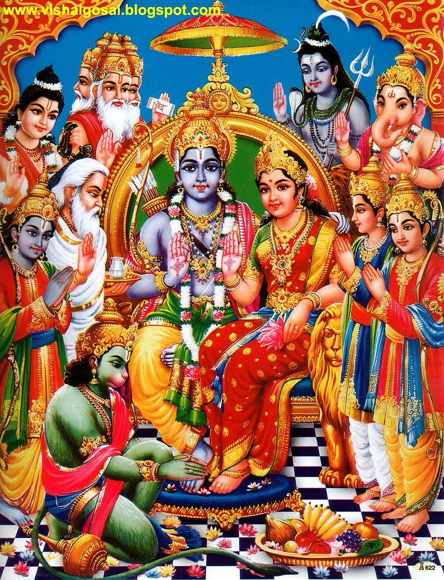 Vishnu and Lakshmi seated on a throne surrounded by Hindu deities including Shiva, Ganesha, Hanuman, and sages in a vibrant traditional painting, VISHAL GOSAI: God shri Ram & Hanuman, ram hanuman HD phone wallpaper