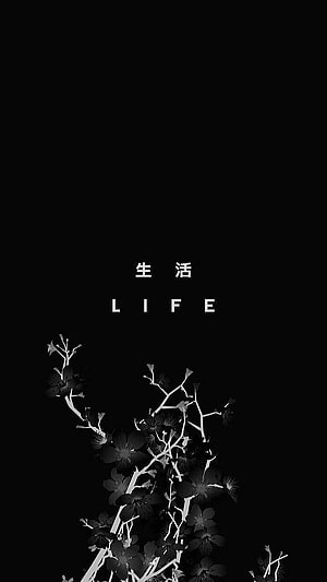 Minimalist Black Floral Branches with Life Text on Dark Background HD phone wallpaper