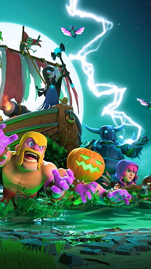 Clash of Clans Halloween Event Artwork with Pumpkin and Lightning Storm HD phone wallpaper