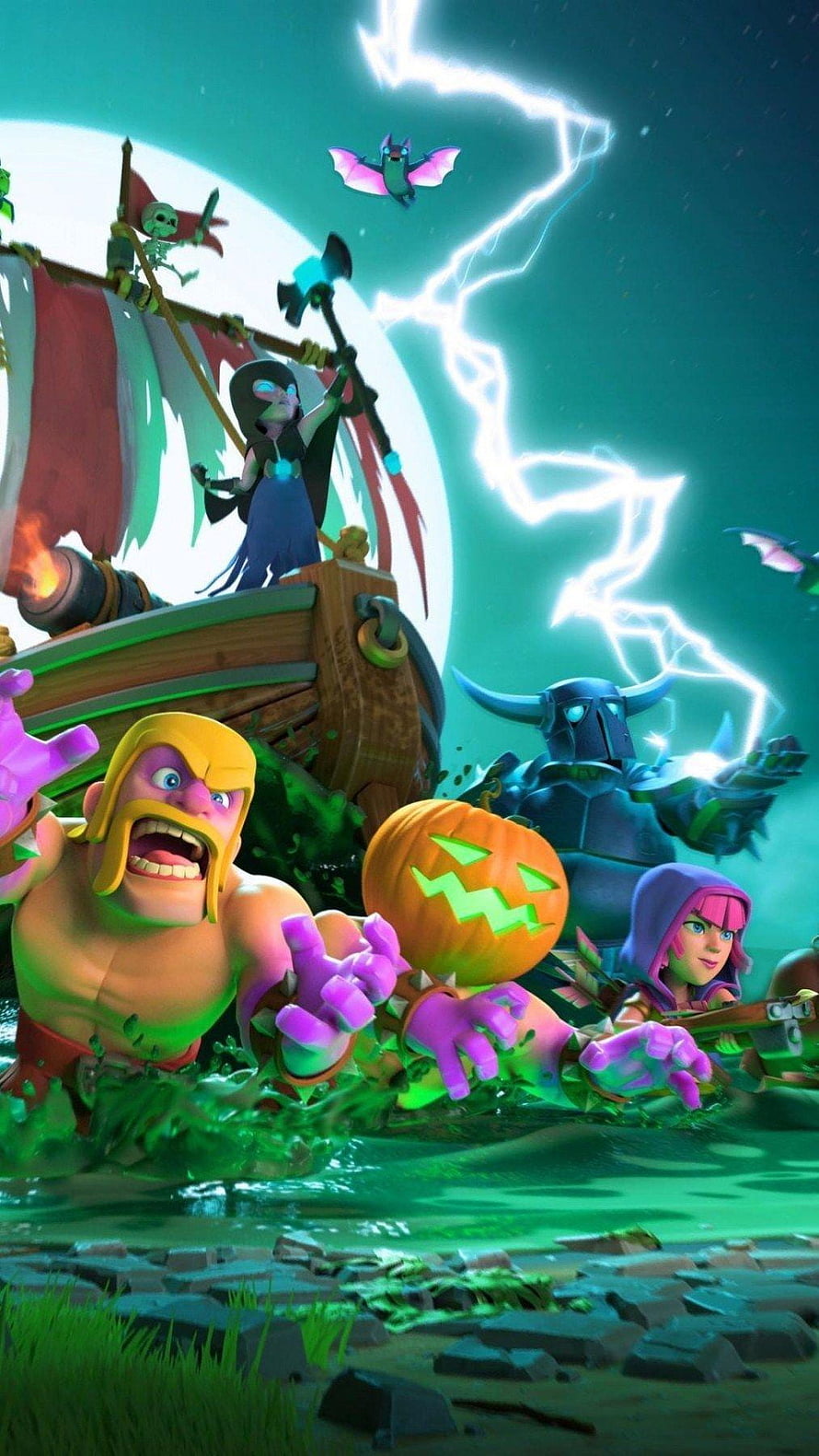 Clash of Clans Halloween Event Artwork with Pumpkin and Lightning Storm HD phone wallpaper