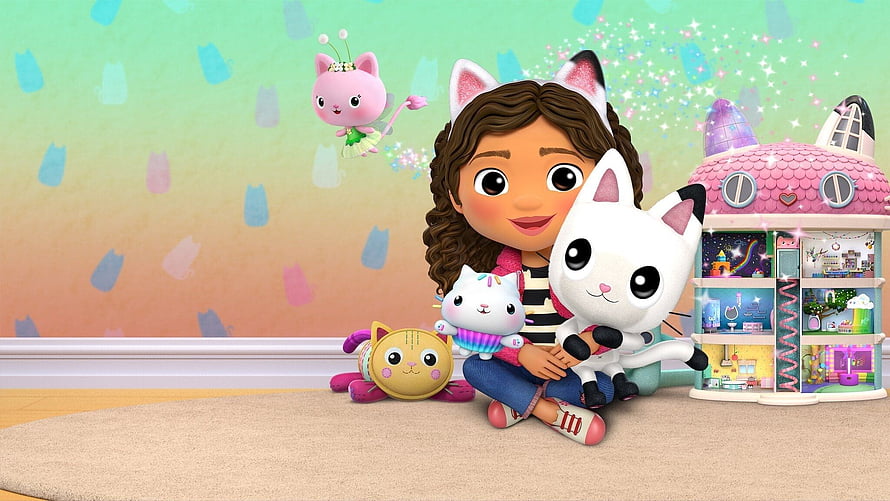 Cat Girl Character Playing with Plush Toys and Dollhouse in Colorful Room HD wallpaper