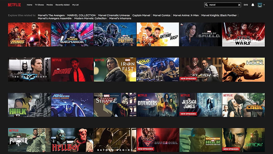 Netflix Interface Displaying Marvel Cinematic Universe and DC Superhero Series Grid HD wallpaper