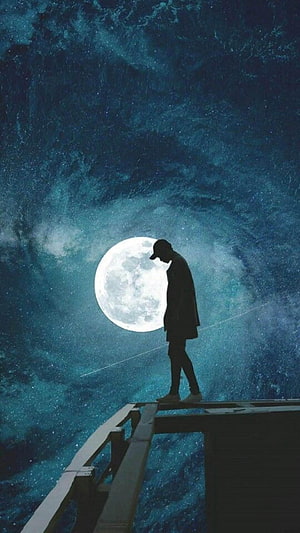Silhouette of a man standing on a bridge under a full moon in a starry night sky, Sad Boy for Android, sad boy HD phone wallpaper