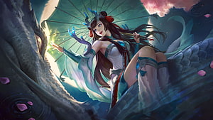 Kagura Epic Fantasy Character with Parasol and Dragon HD wallpaper