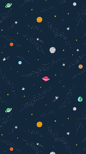 Cute Cartoon Space Wallpaper with Colorful Planets and Stars on Dark Background HD phone wallpaper