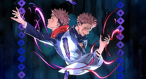 Yuji Itadori and Ryomen Sukuna anime illustration with glowing energy effects HD wallpaper