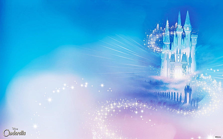 Disney Cinderella Magical Castle Wallpaper with Sparkles and Blue Sky HD wallpaper