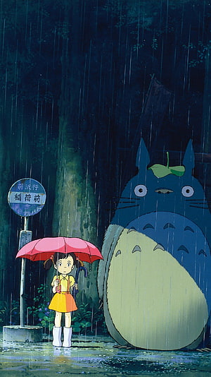 Totoro and Mei Waiting at the Bus Stop in the Rain HD phone wallpaper