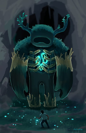 Giant glowing forest spirit with antlers looming over a small explorer holding a lantern in a dark cave HD phone wallpaper