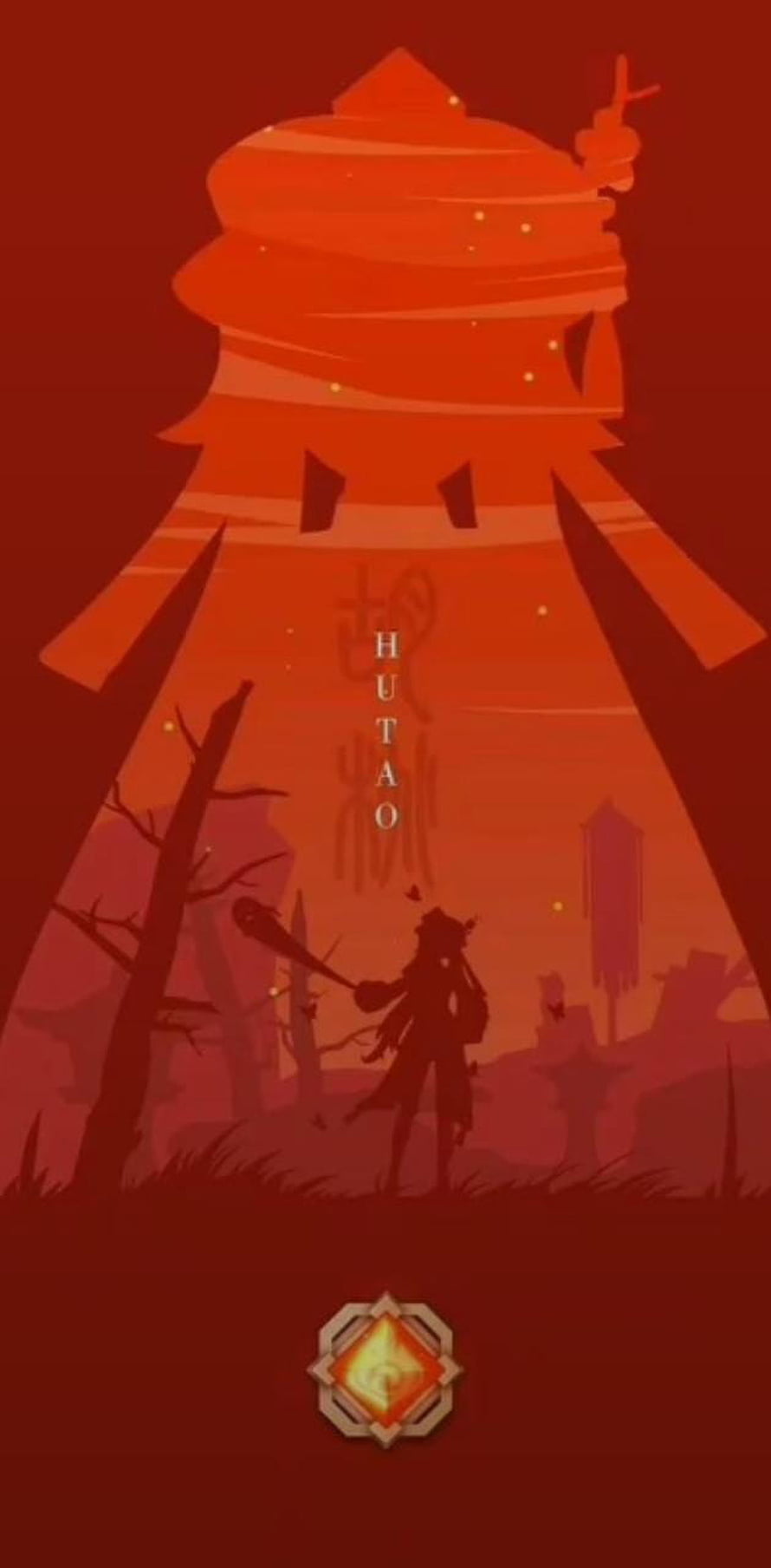 Hu Tao Silhouette Standing Before Her Tower in a Crimson Genshin Impact Scene HD phone wallpaper