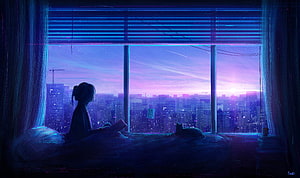 Girl Reading in Bed with Cat Watching City Sunset Through Window HD wallpaper