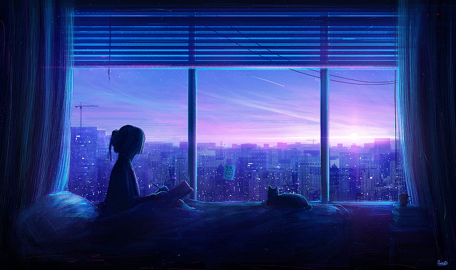 Girl Reading in Bed with Cat Watching City Sunset Through Window HD wallpaper