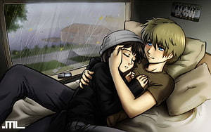 Levi and Eren Yeager cuddling in bed during a rainy day from Attack on Titan anime fan art HD wallpaper