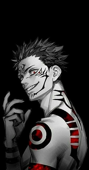 Sukuna Ryomen from Jujutsu Kaisen anime character with red eyes and cursed markings on black background HD phone wallpaper