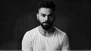 Virat Kohli Black and White Portrait in White T-Shirt with Dark Background HD wallpaper