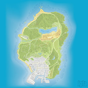 Grand Theft Auto V Los Santos Island Map with City Grids and Mountain Terrain HD phone wallpaper
